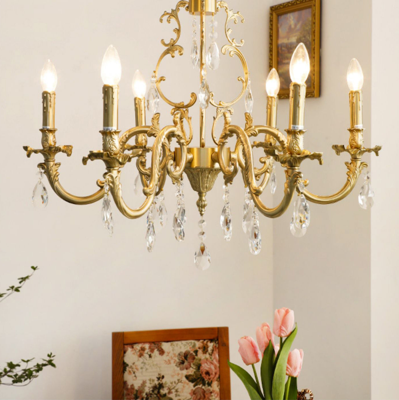 Vintage Brass Crystal Chandelier With Candle Arm Lighting