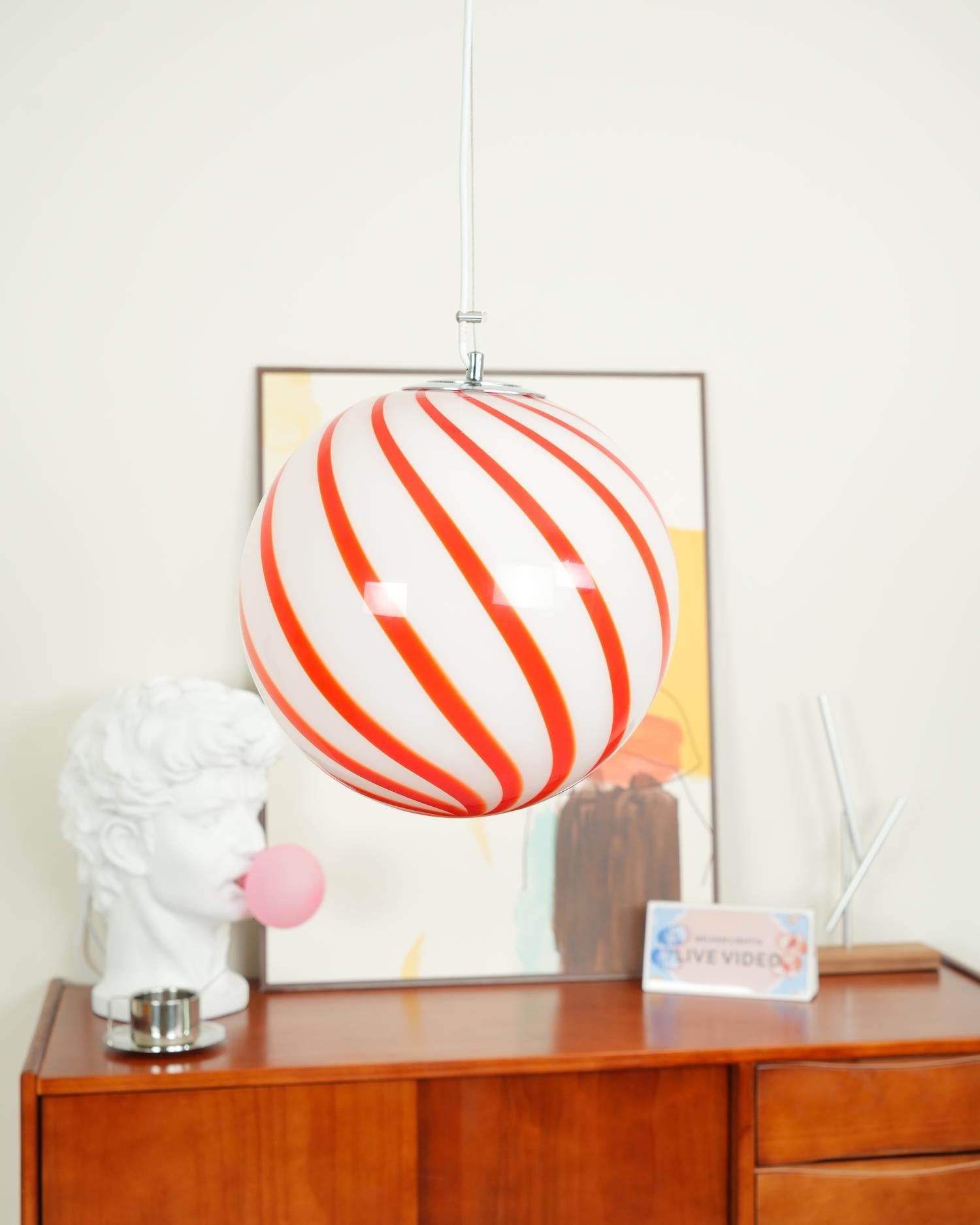 Glass Globe Pendant Light With Green Swirl Stripes Glow