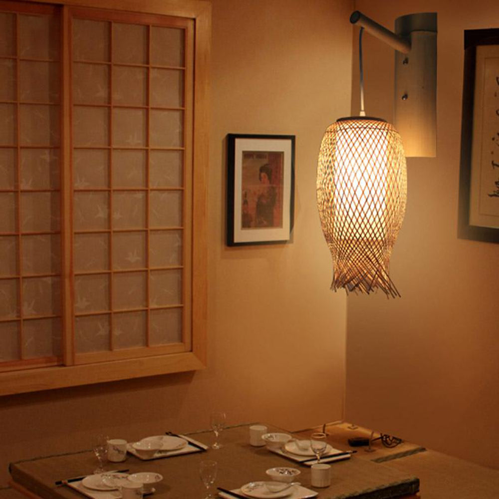 Rattan Weave LED Wall Lamp With Acrylic Accent Rustic Hallway Sconce