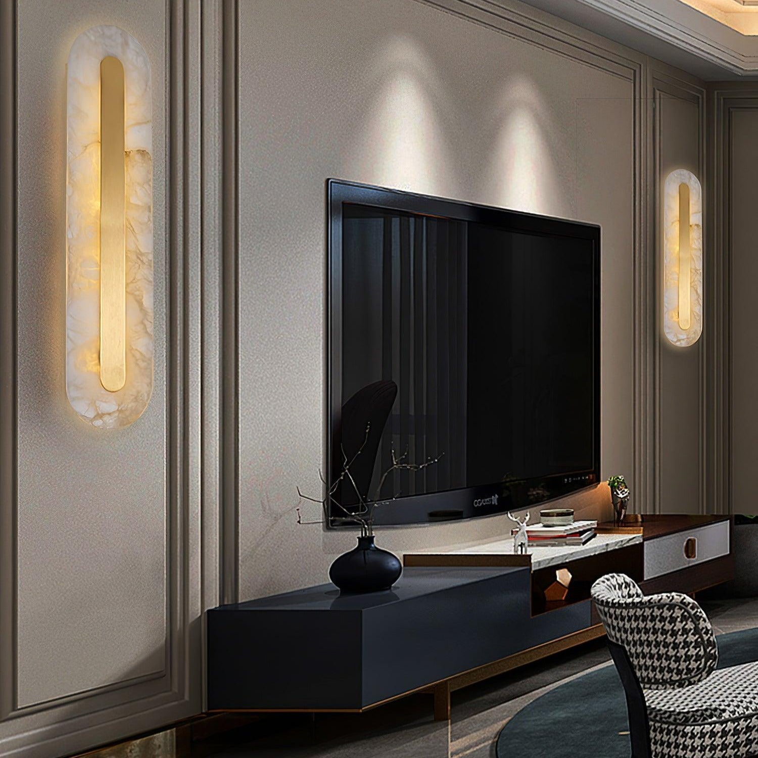 Oval Alabaster Glass Wall Lamp With Brass Accents