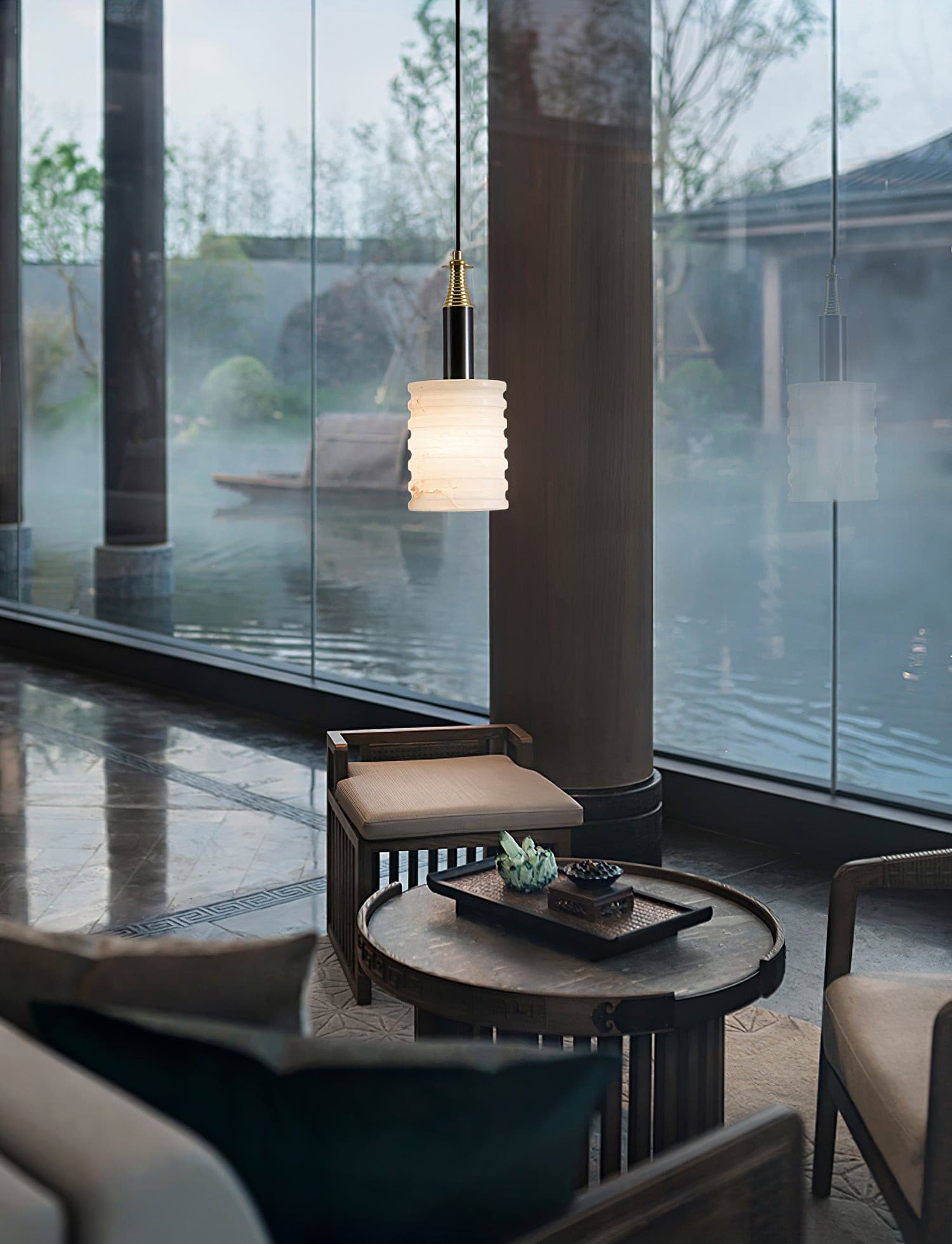 Alabaster Pendant Lamp With Grooved Cylinder Soft Glow