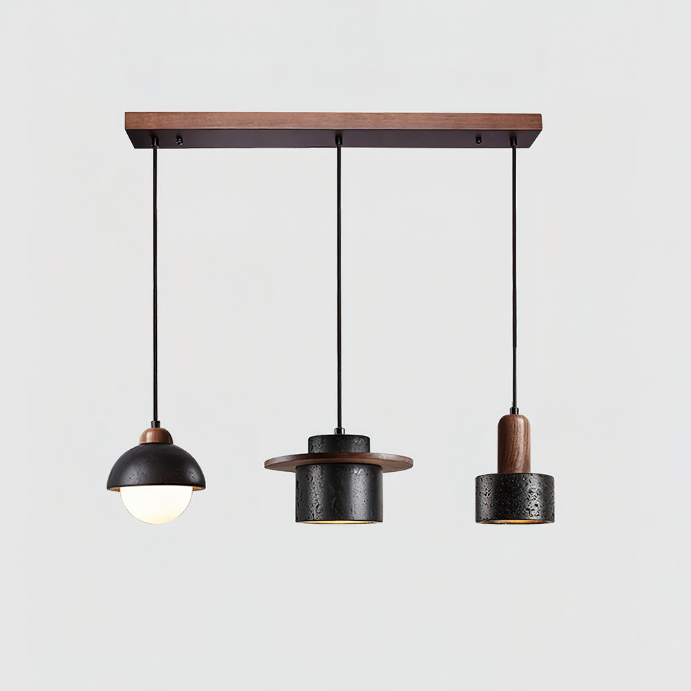 Geometric Travertine Pendant Lights With Warm Wood Accents