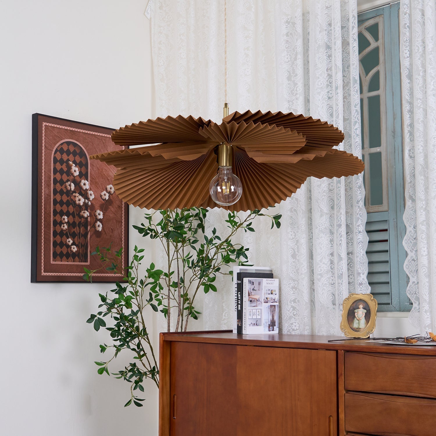 Kraft Paper Petal Pendant Light With Warm Glow