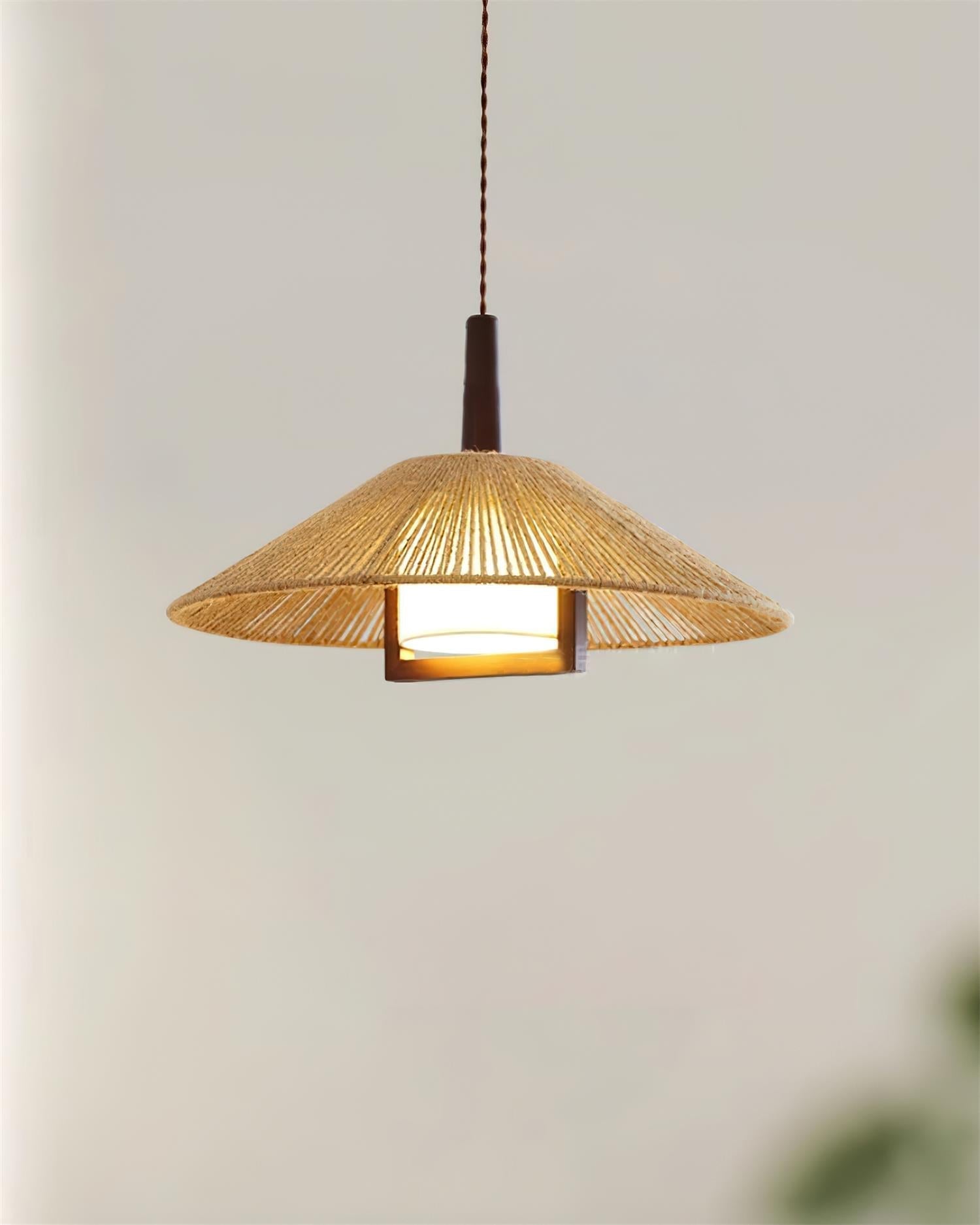 Ambient Glow Rattan Cone Pendant Light With Hemp Shade