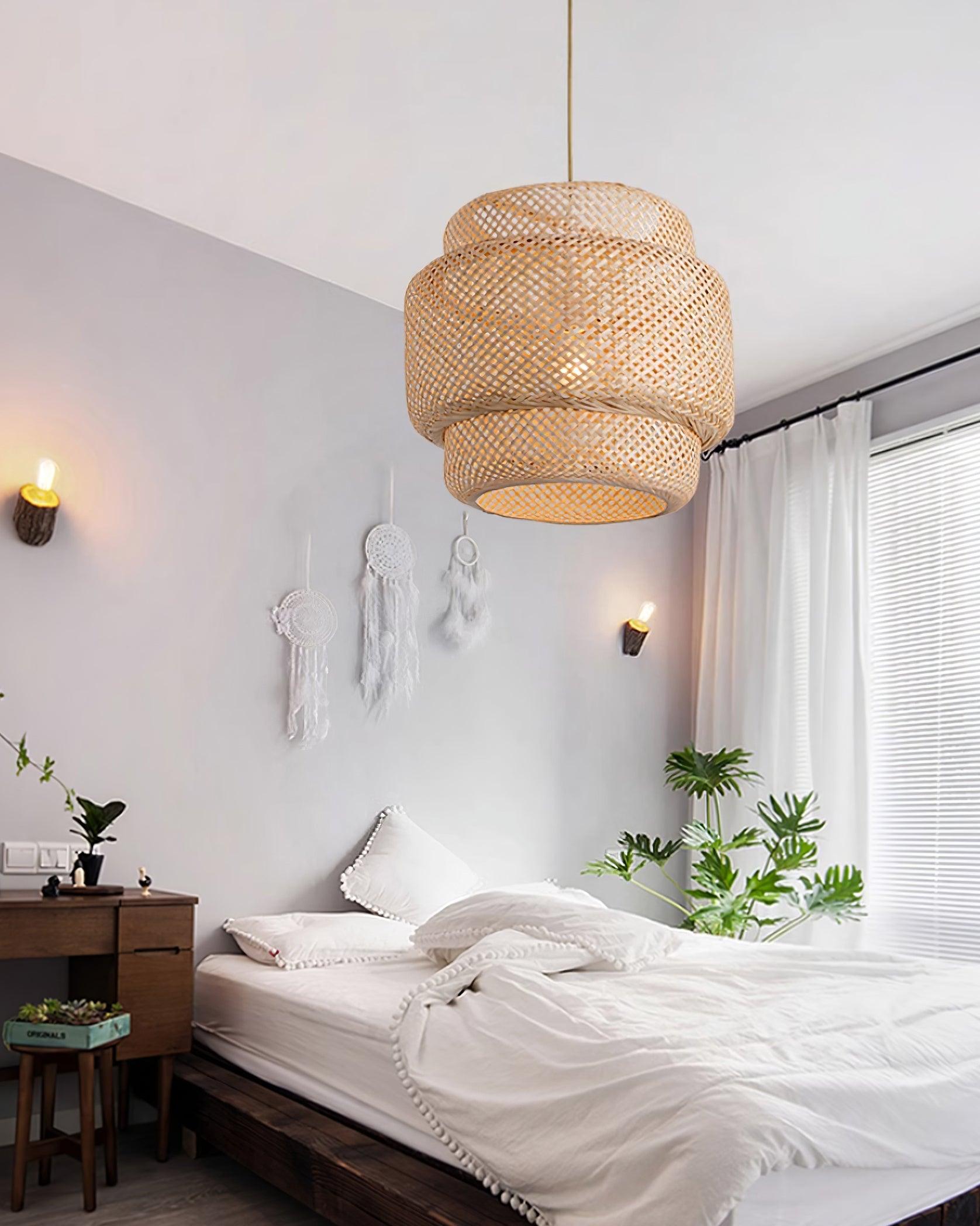 Pendant Lamp With Double Layer Woven Bamboo Shade