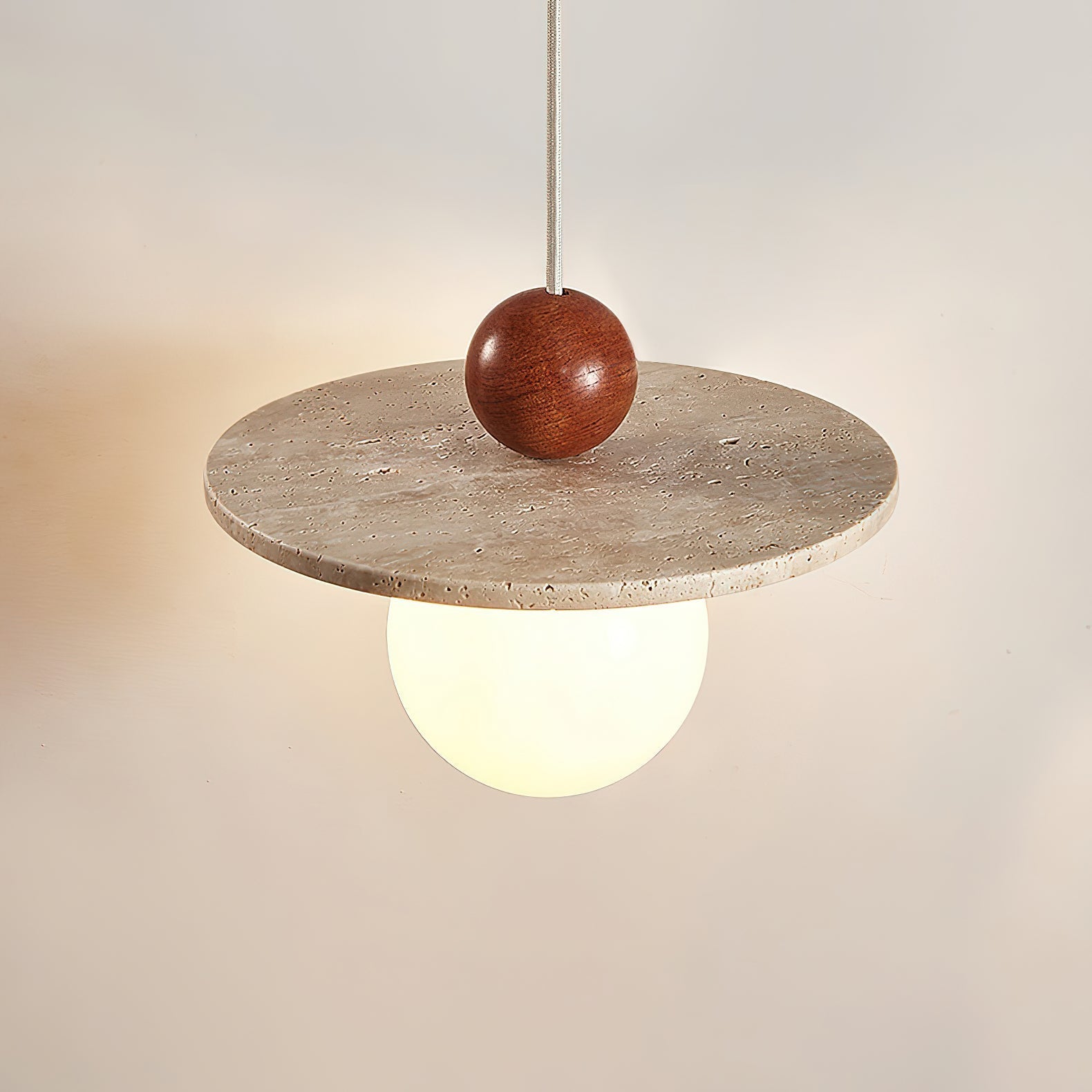 Marcio Travertine Pendant Light With Wooden Sphere Warm Glow