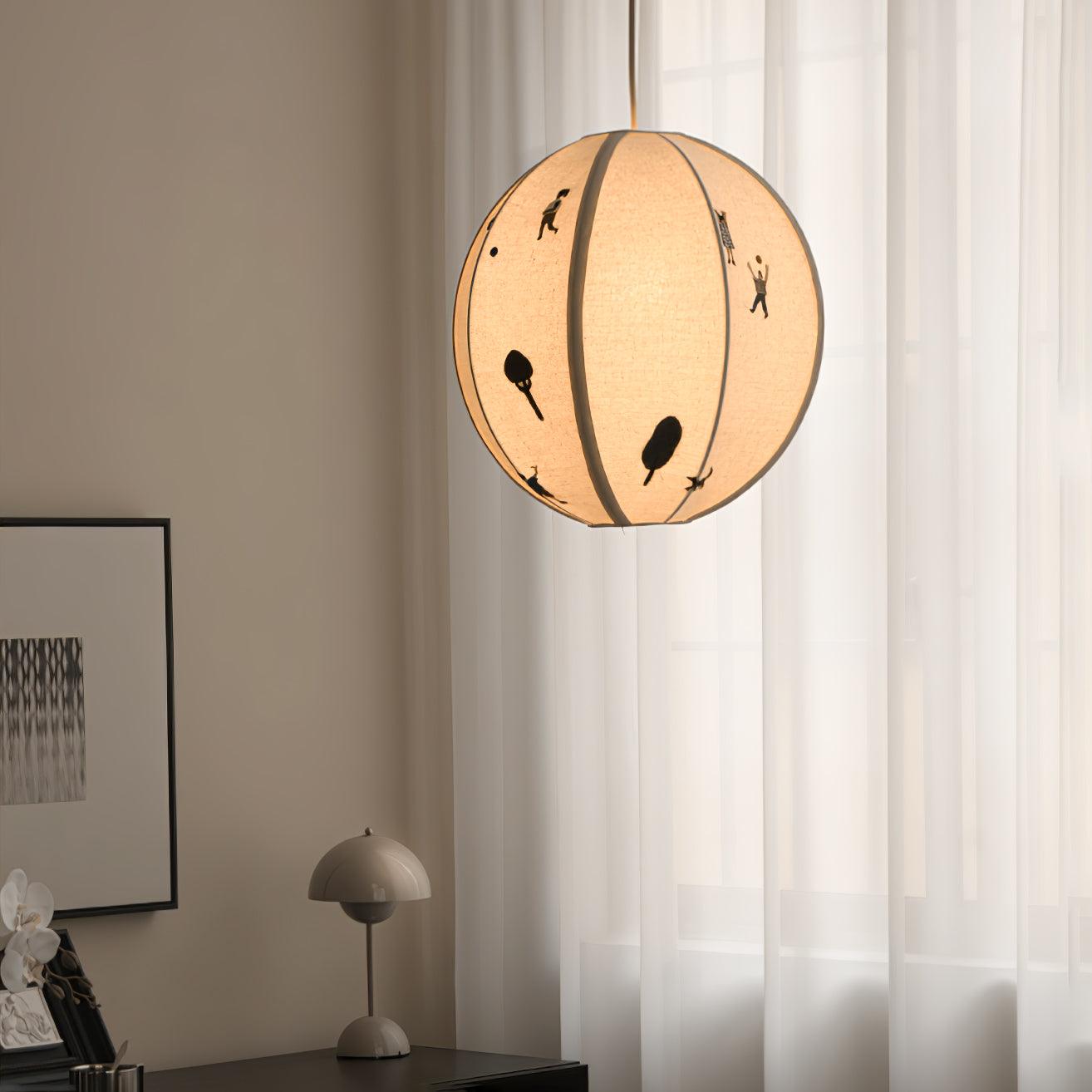 Paper Ball Pendant Light With Cotton Embroidered Park Scene