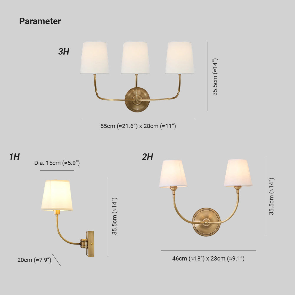 Curved Arms Black Brass Finish Wall Lamp With White Fabric Shades