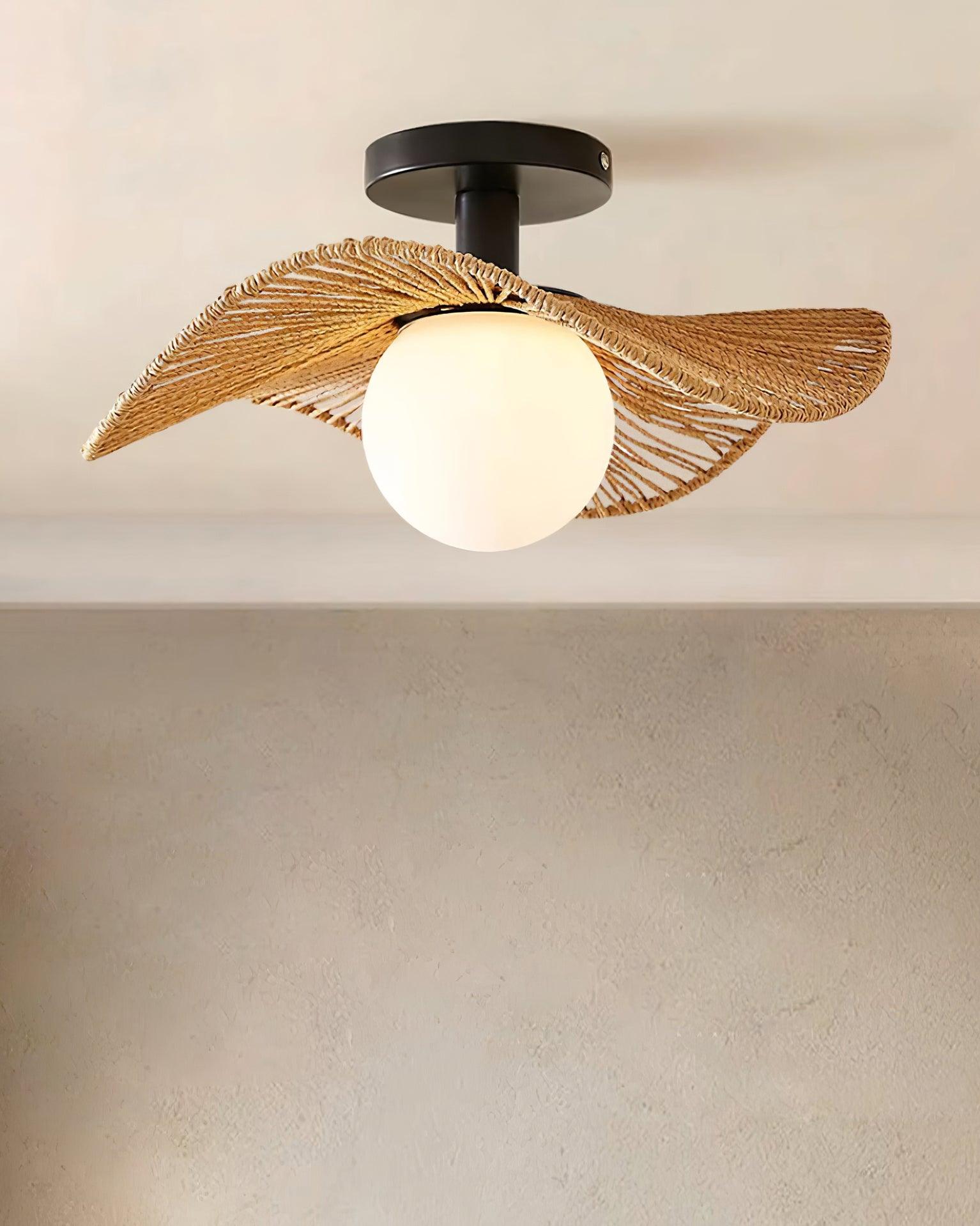 Metal And Hemp Rope Semi Flush Ceiling Light With Glass Shade