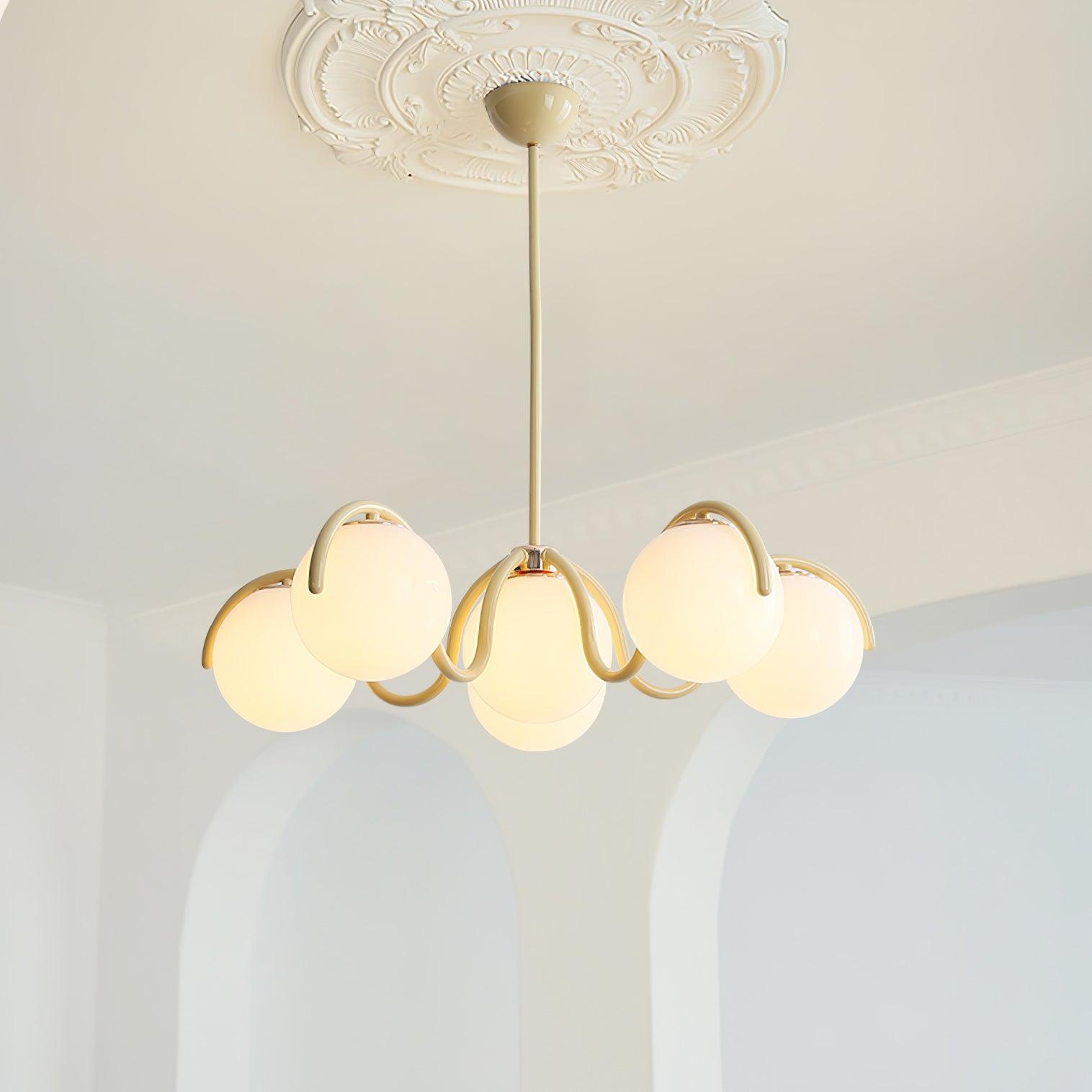 Sculptural Arc Linear Chandelier With White Glass Globes