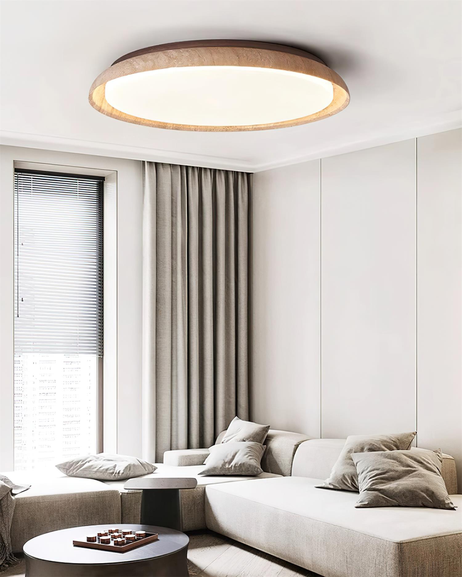 Round Travertine Ceiling Light With Walnut Wood Canopy