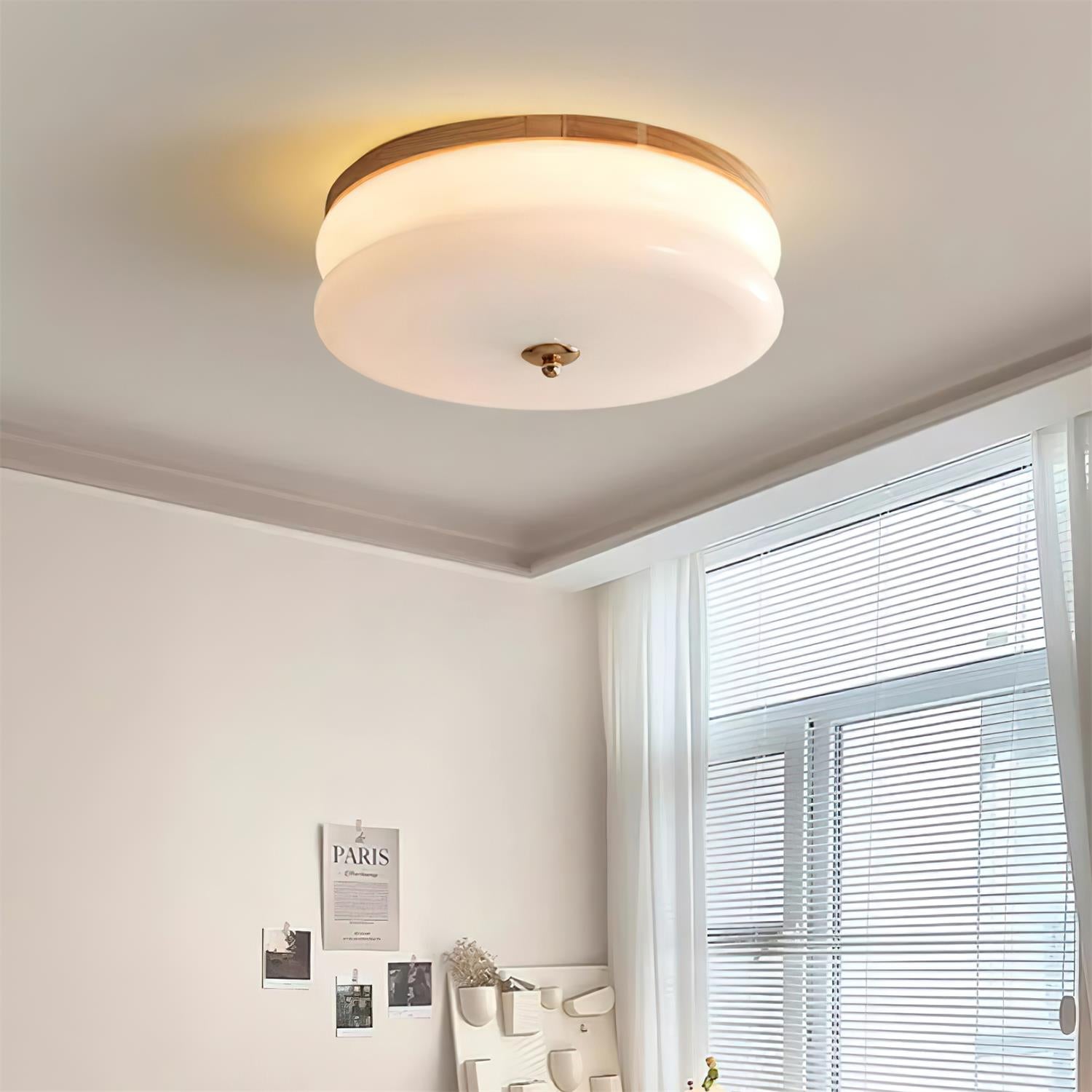 Walnut Wood Glass Disc Ceiling Light With Double Layer Integrated Led