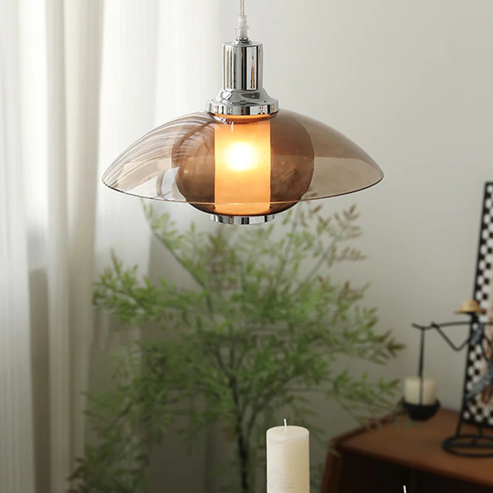 Modern Round LED Pendant Light With Brown Glass For Ambience
