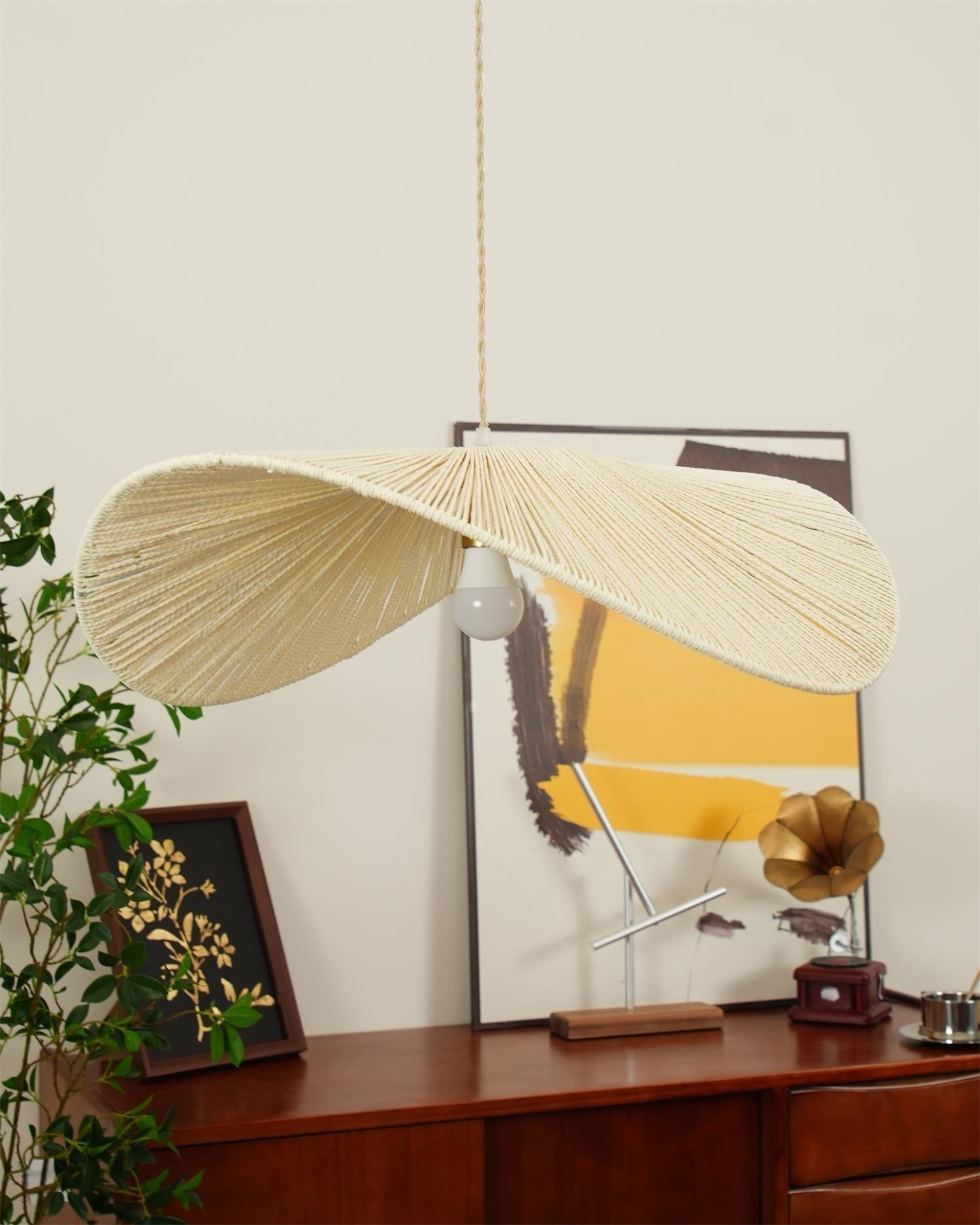 Handwoven Rattan Pendant Light With Hemp Shade