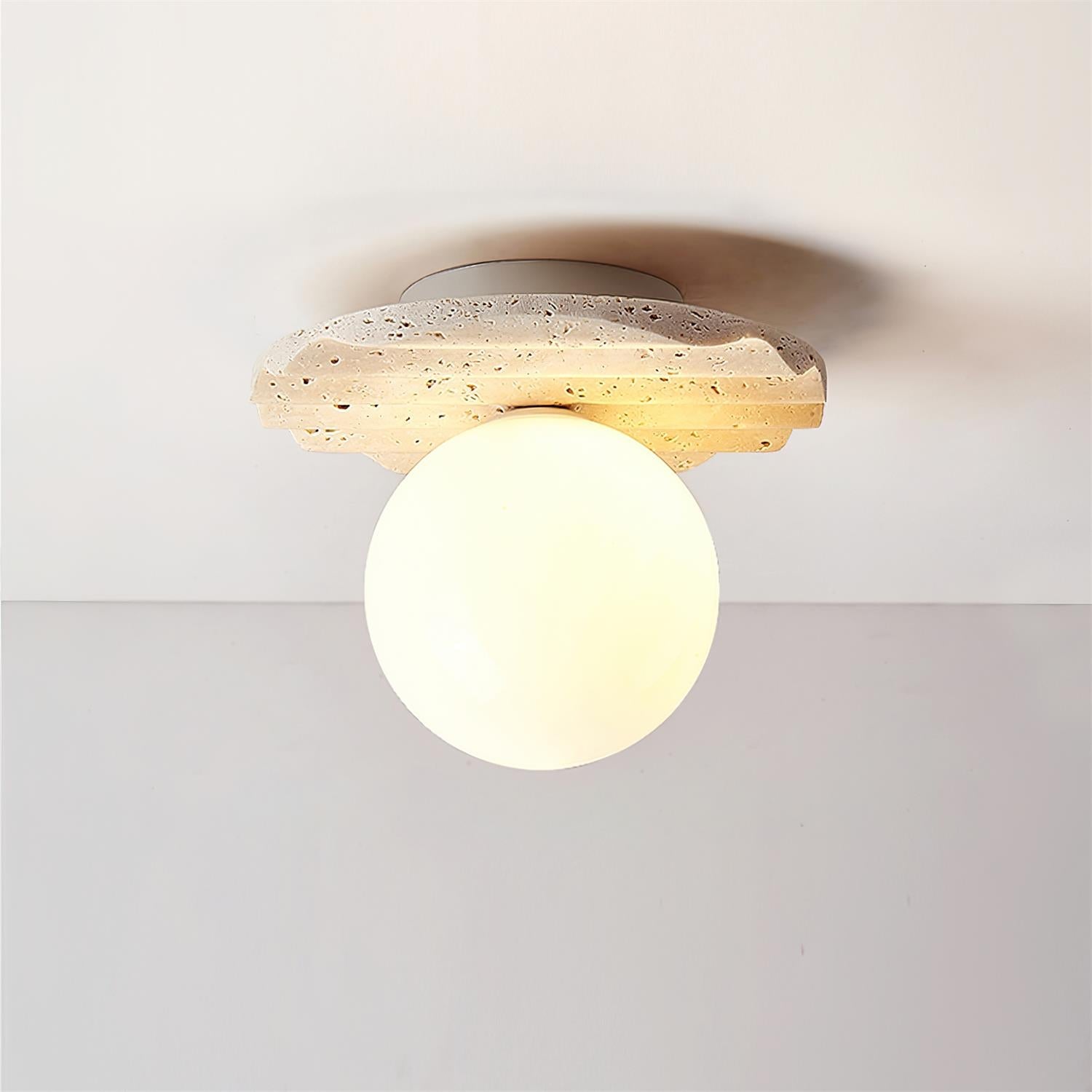 Travertine Stone Ceiling Light With Sculpted Base And Glass Diffuser