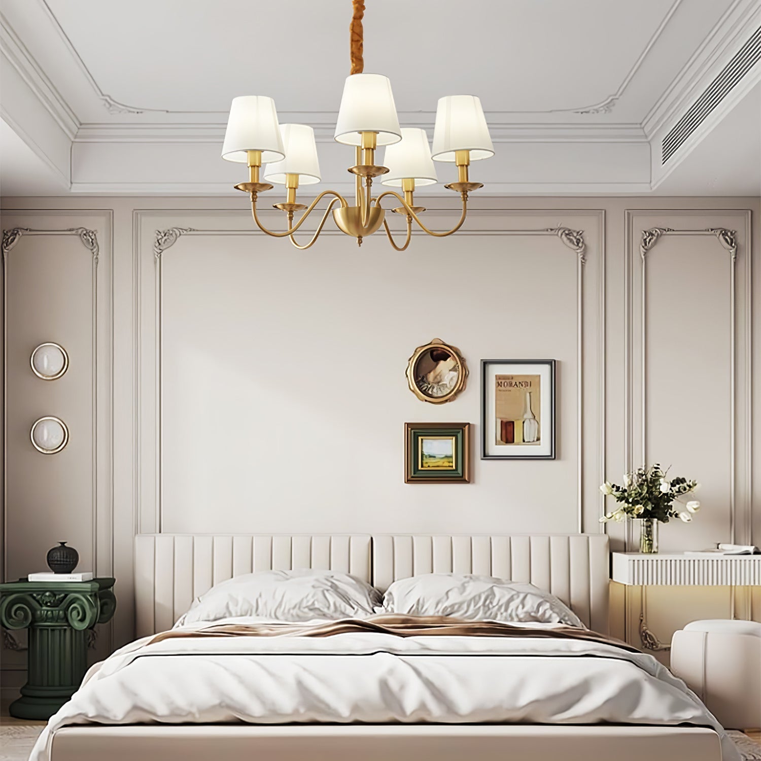 Vintage Brass LED Pendant Lamp With White Fabric Shade