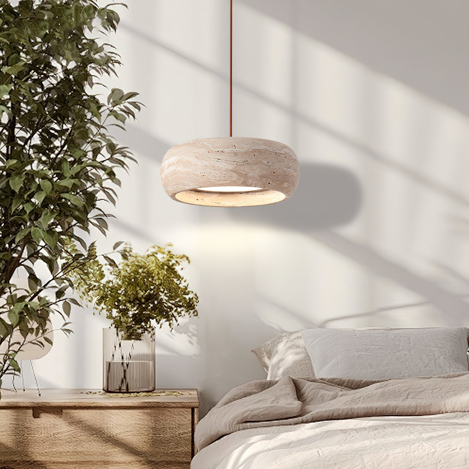 Travertine Donut Pendant Light With Warm Glow
