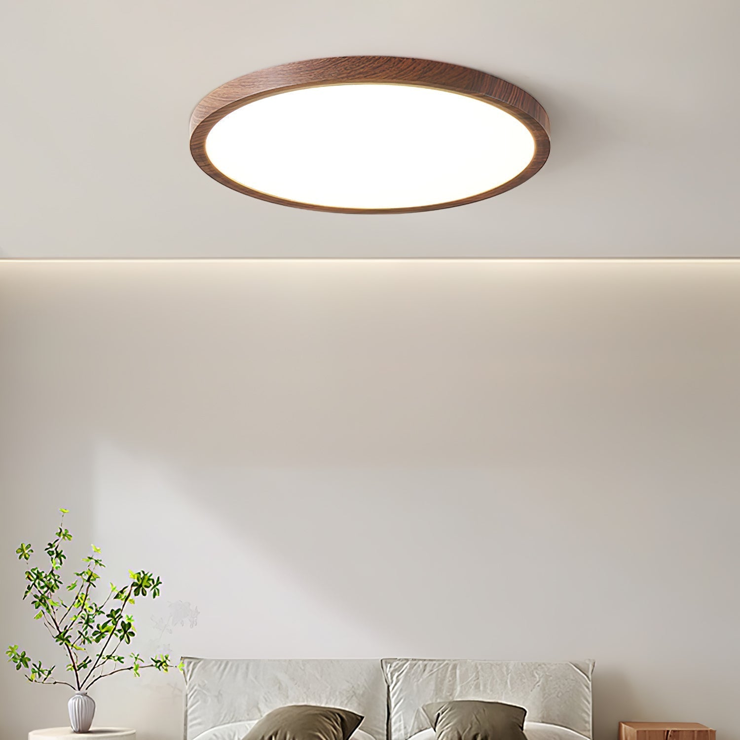 Ultra Slim Round Ceiling Light With Walnut Wood Finish