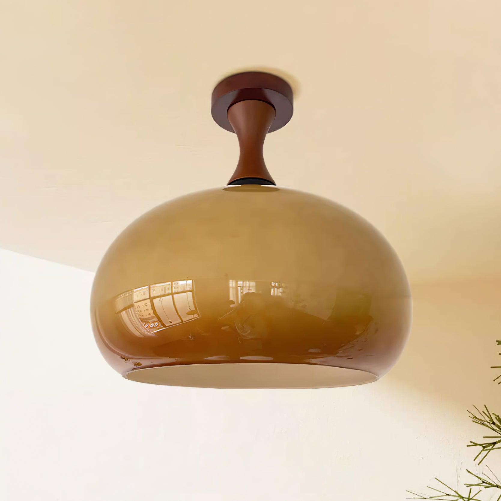 Walnut Wood And Amber Glass Damp Rated Bathroom Ceiling Light