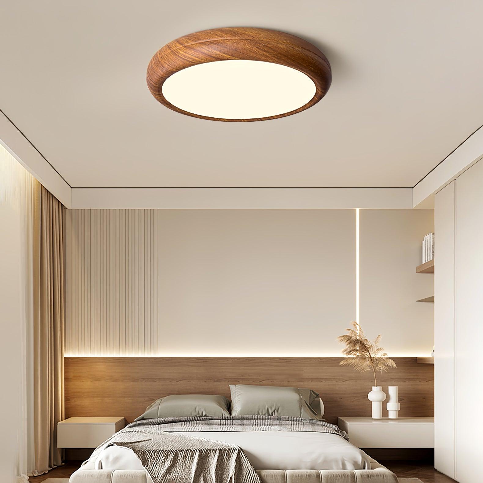 Nordic Wood Grain Round Flush Mount Ceiling Light With Acrylic Shade