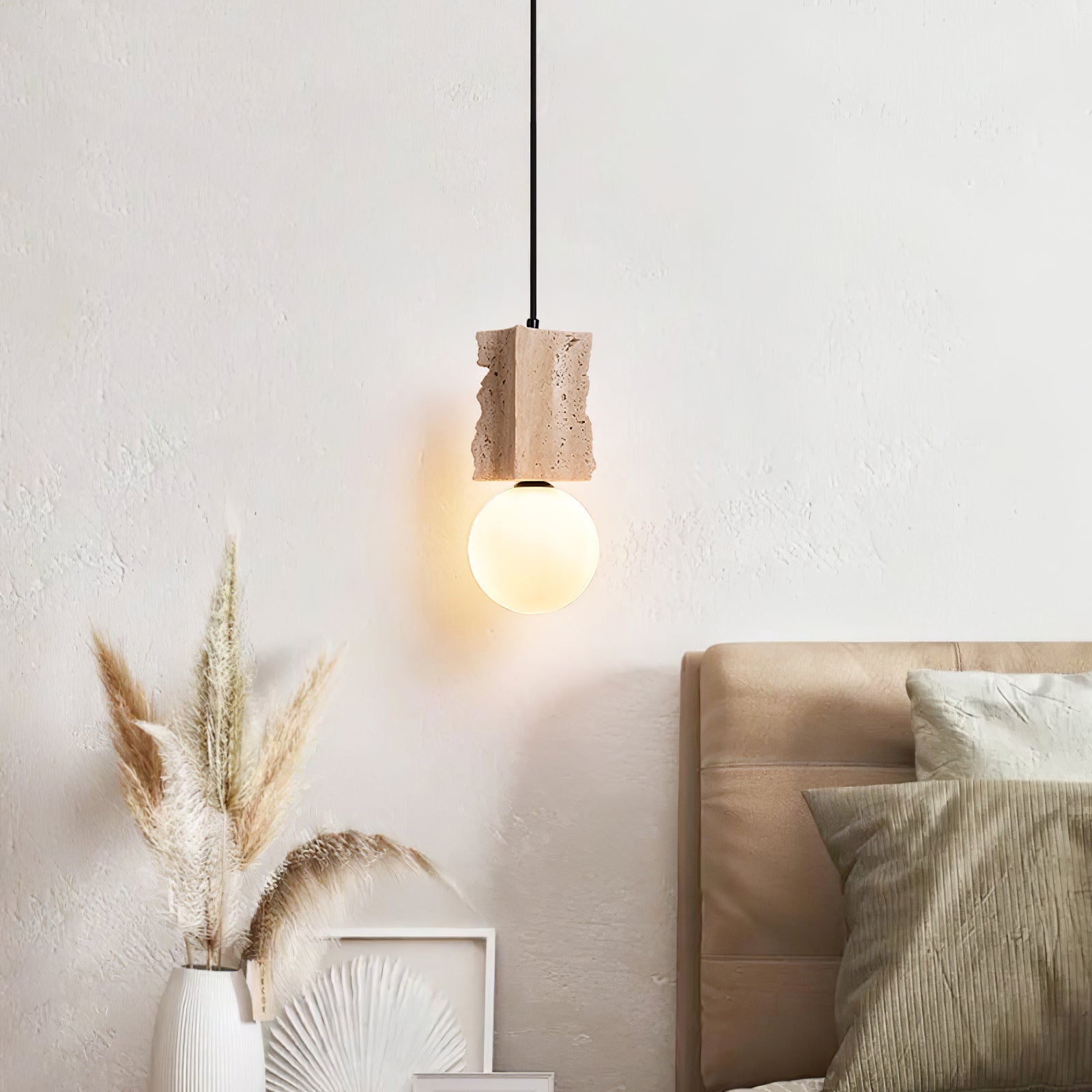 Rugged Edge Travertine Pendant Light With Ambient Opal Glow