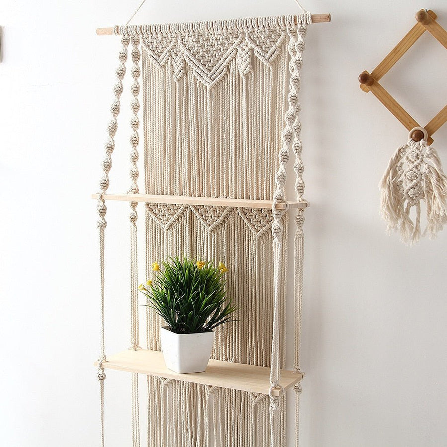 Étagère Murale Flottante en Bois et Macramé – Style Bohème Chic