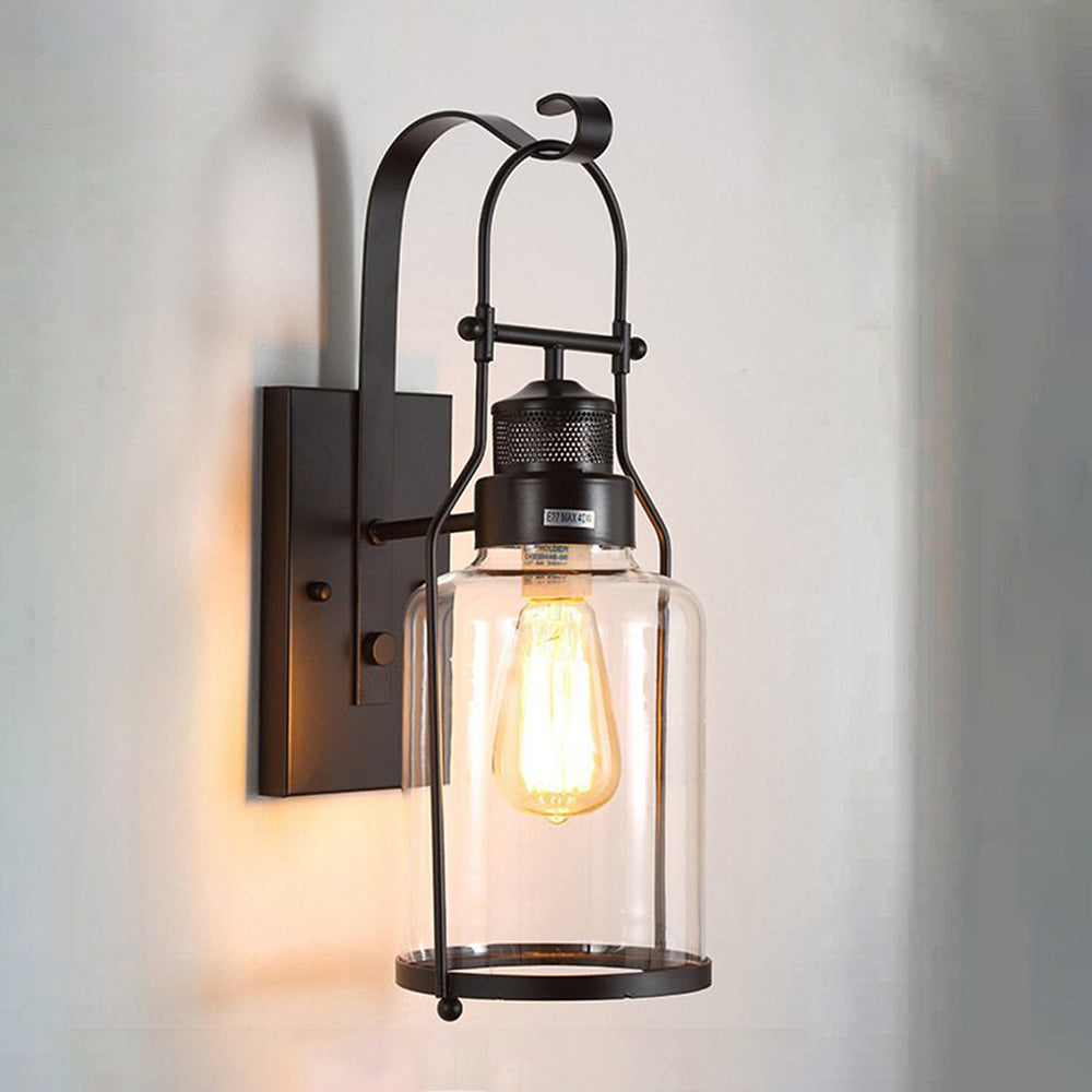 Outdoor Vintage Lantern Wall Light Glass and Metal Black Rust Finish