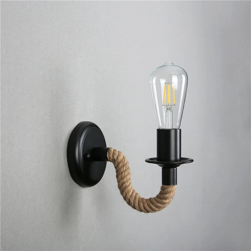 Vintage Industrial Wall Lamp With Rope Detail Matte Black