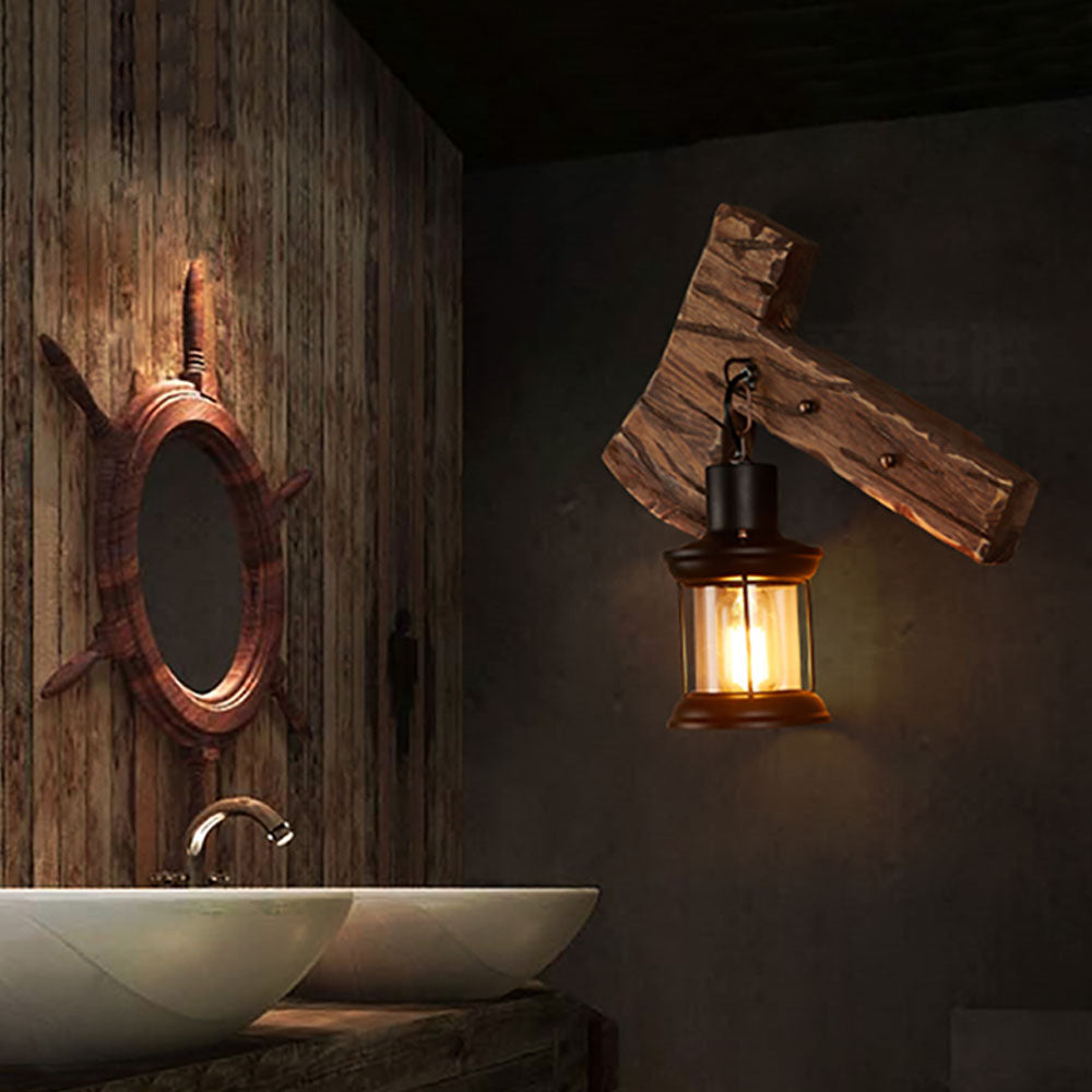Vintage Hammer Shape Wood And Metal Wall Lamp For Bedroom