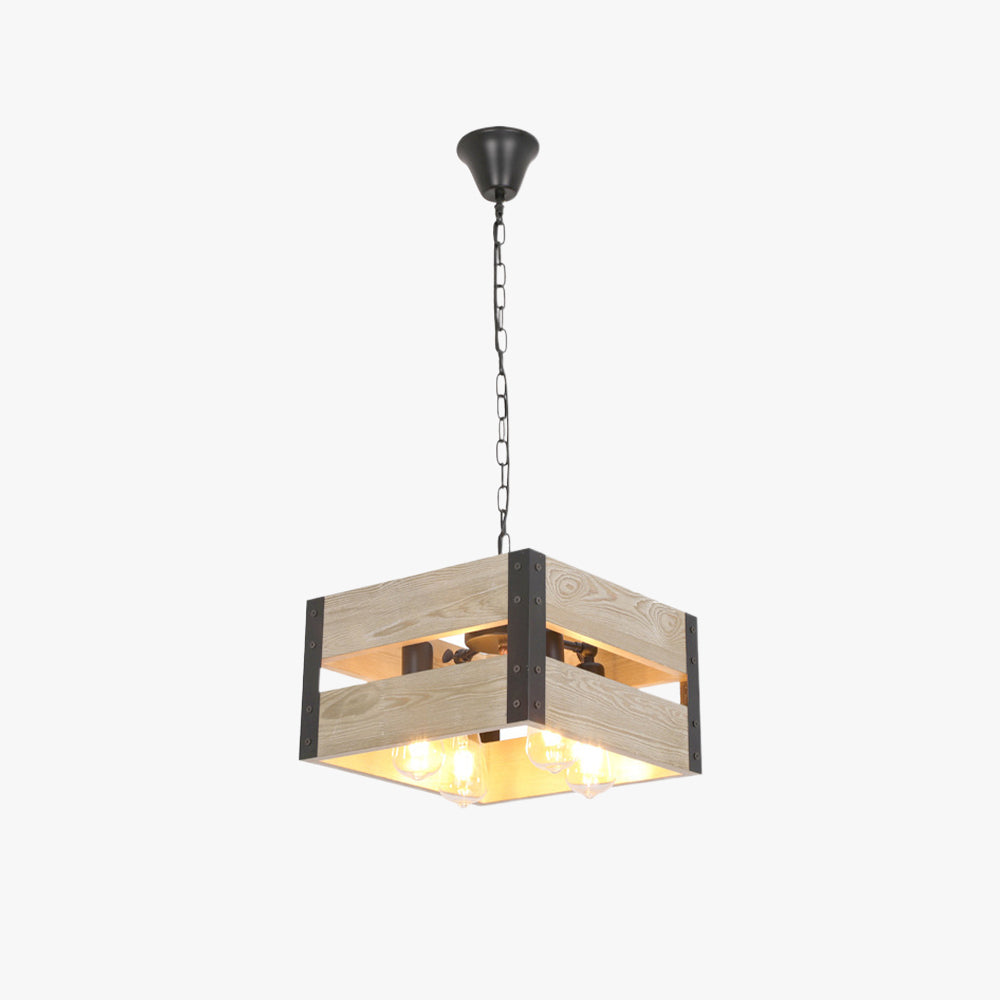 Multi Head Square Metal Wood Pendant Light