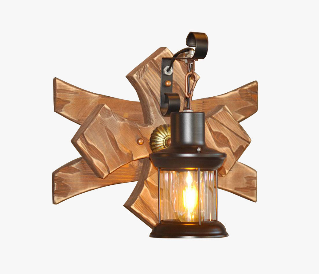 Wood And Metal Vintage Candle Lantern LED Wall Light Gold Finish