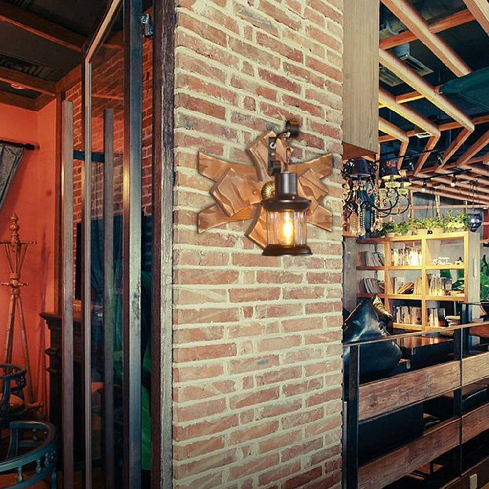 Wood And Metal Vintage Candle Lantern LED Wall Light Gold Finish
