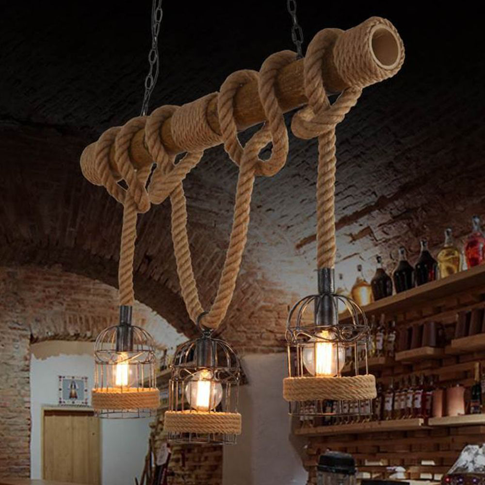 Rustic Wooden Rope Pendant Light With Three Heads