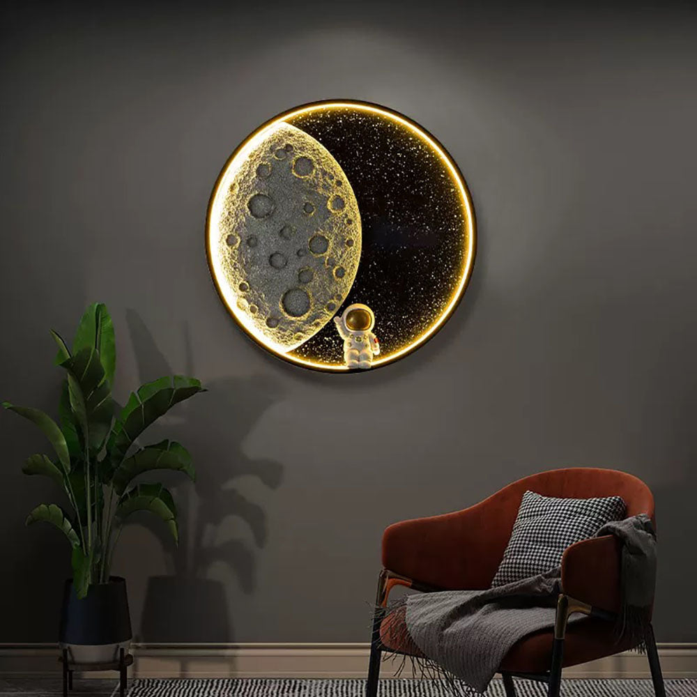 Astronaut Moon Round Wall Lamp In Black Metal Finish