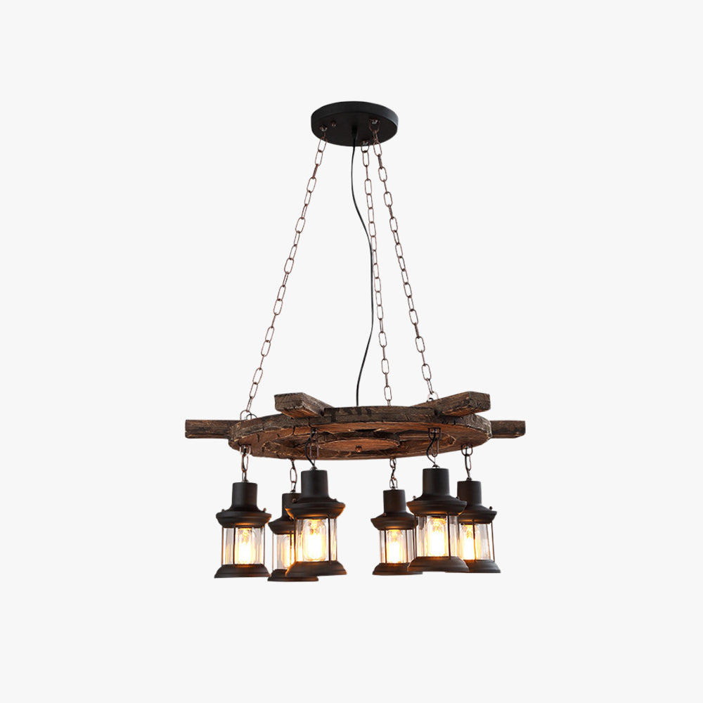 Vintage Six-Head Metal And Wood Pendant Lamp Ambience