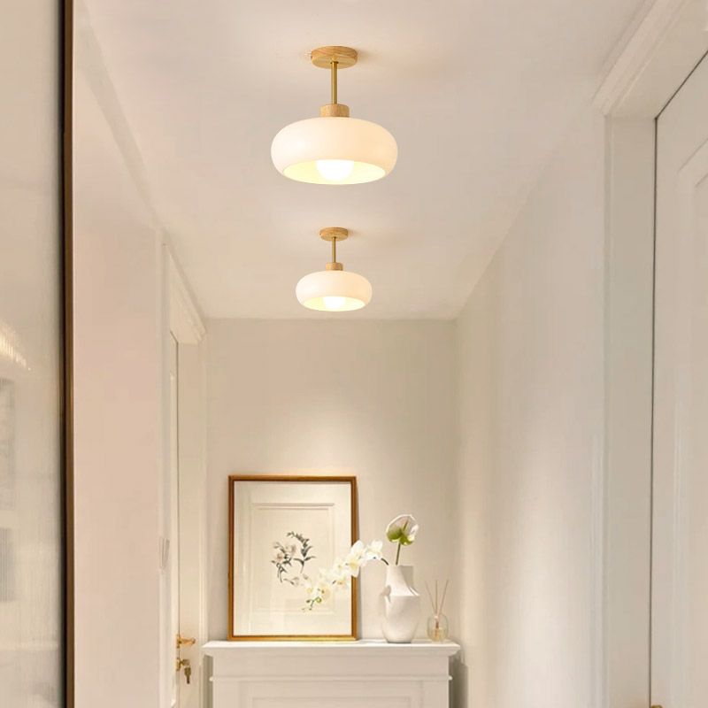 Cup Style Flush Mount Ceiling Light Wood Glass White Orange