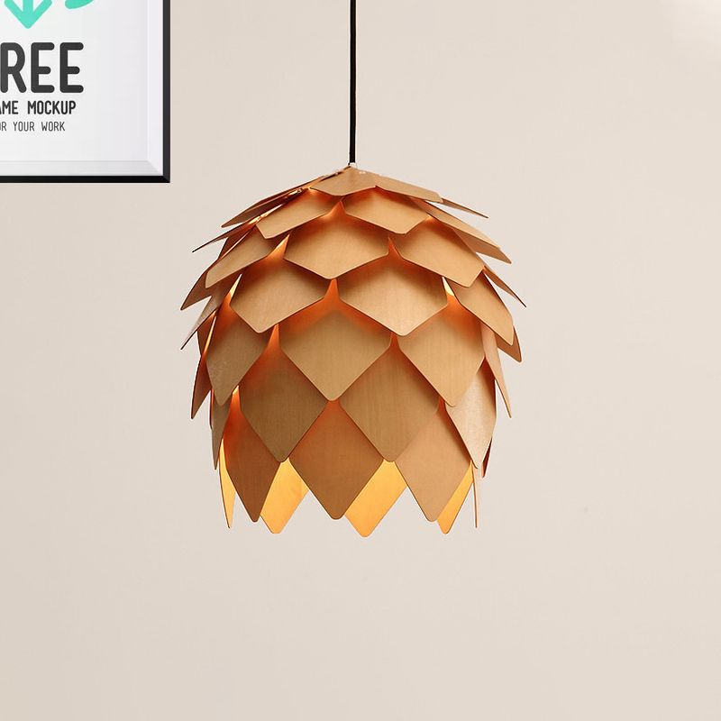 Pinecone Shaped Wooden Pendant Light With Warm Glow