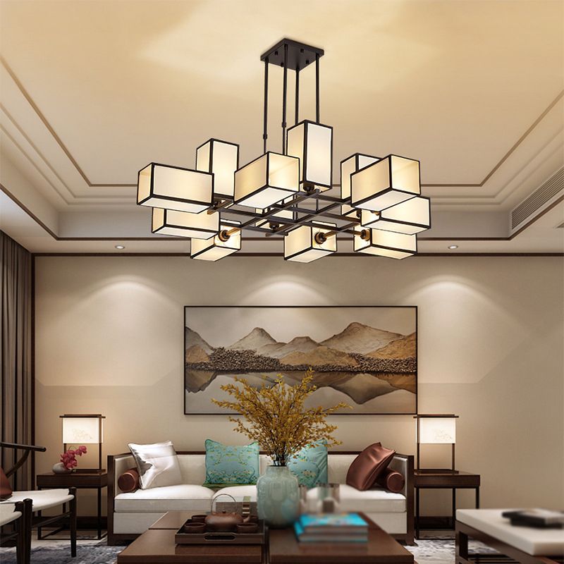 Square Retro Pendant Light Metal and Fabric for Living Rooms