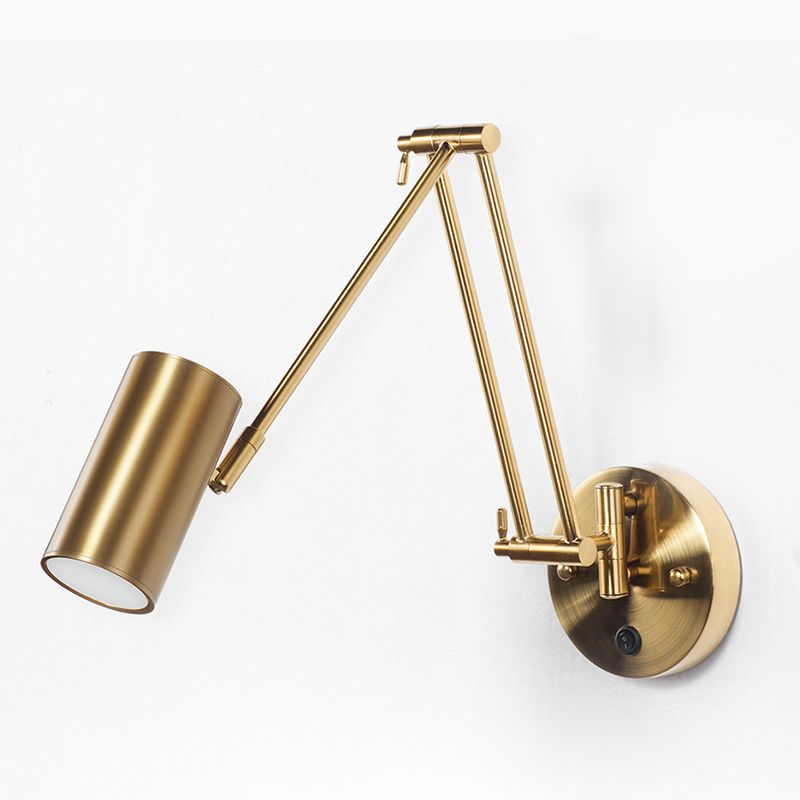 Brass Finish Cylindrical Wall Light With Dimmable Adjustable Arm