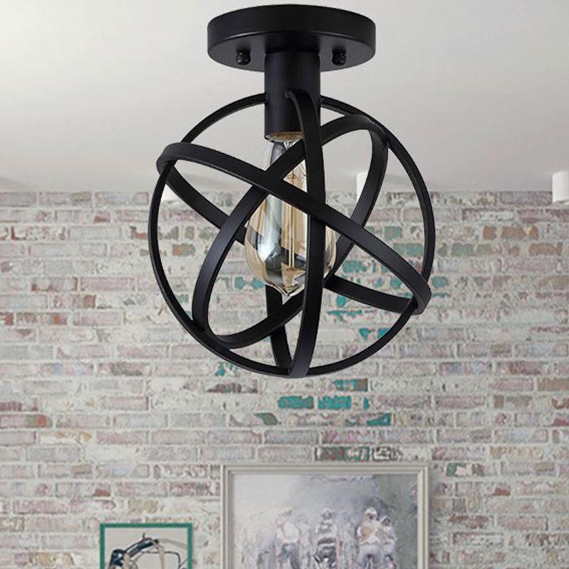 Retro Globe Lantern Black Metal Flush Mount Ceiling Light