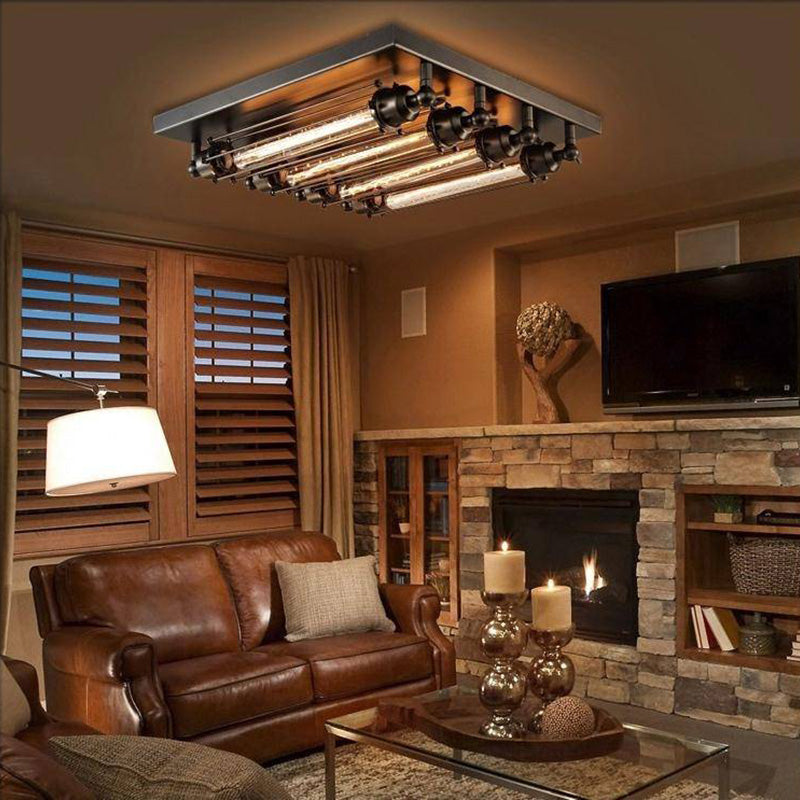 Vintage Tubed Metal Flush Mount Ceiling Light Black For Living Rooms