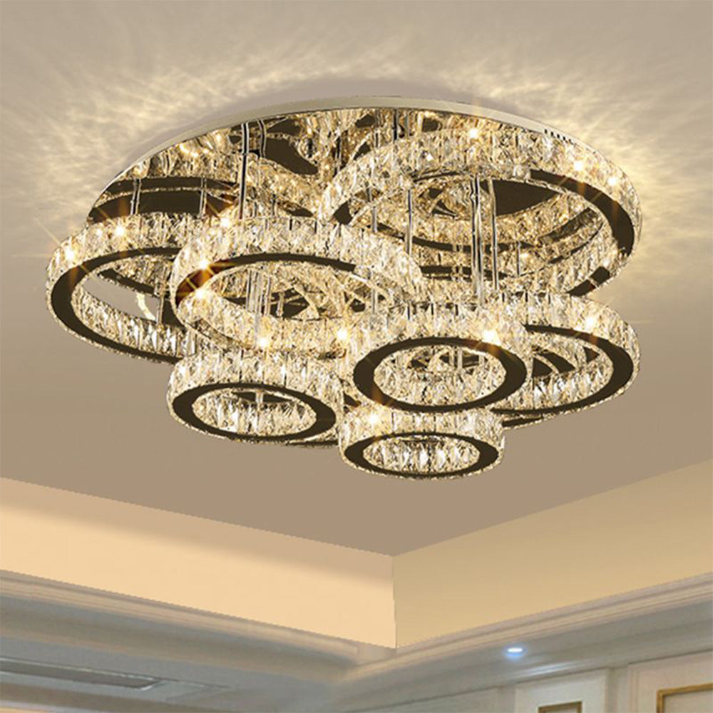 Suspension Moderne À Anneaux Métal Et Cristal Pour Lumière Élégante