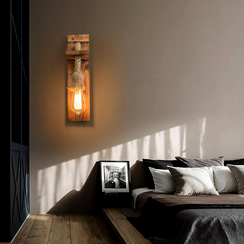 Heritage Rectangular LED Wall Light With Wood And Hemp Rope