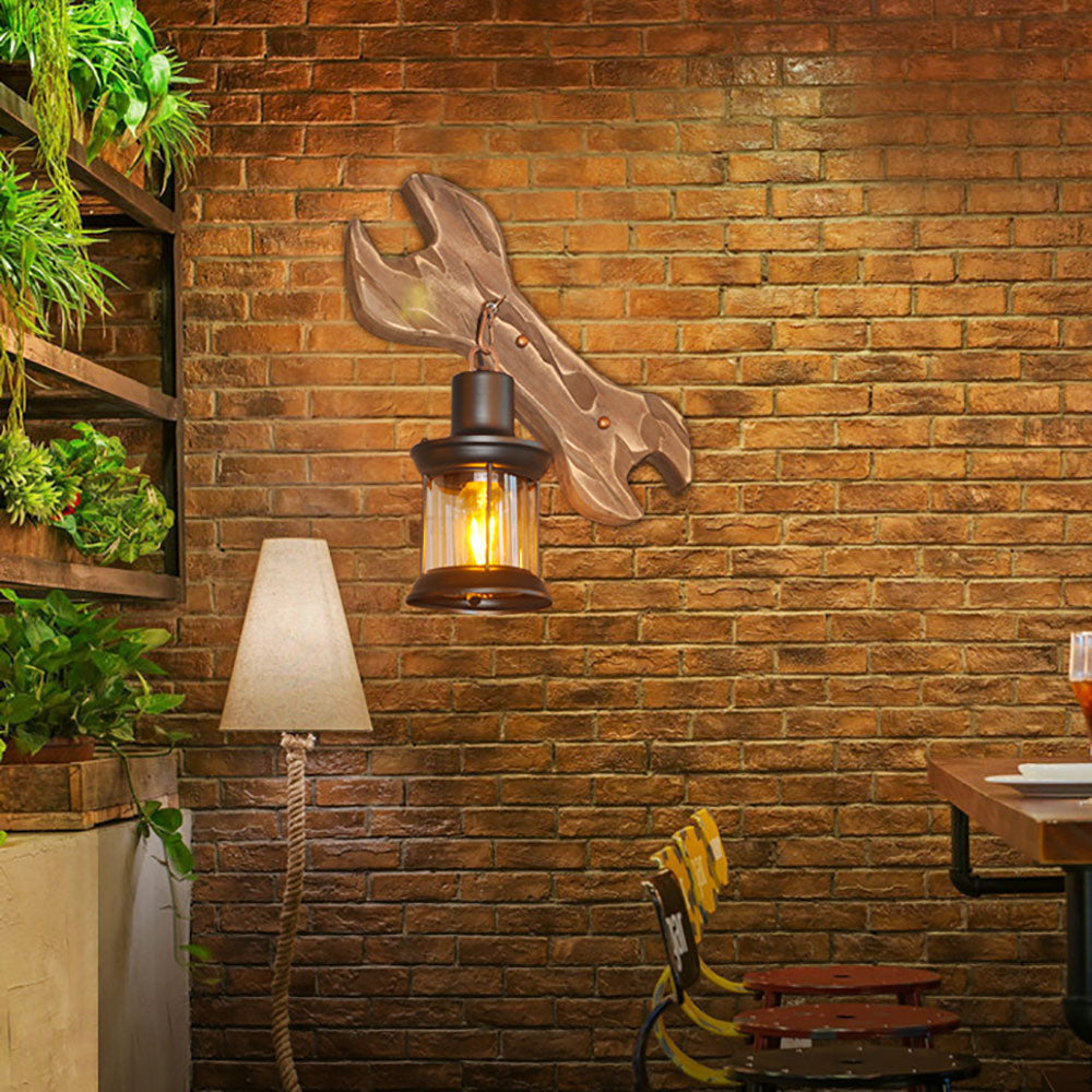 Dimmable Lantern Style Wood And Metal Wall Lamp For Bedroom