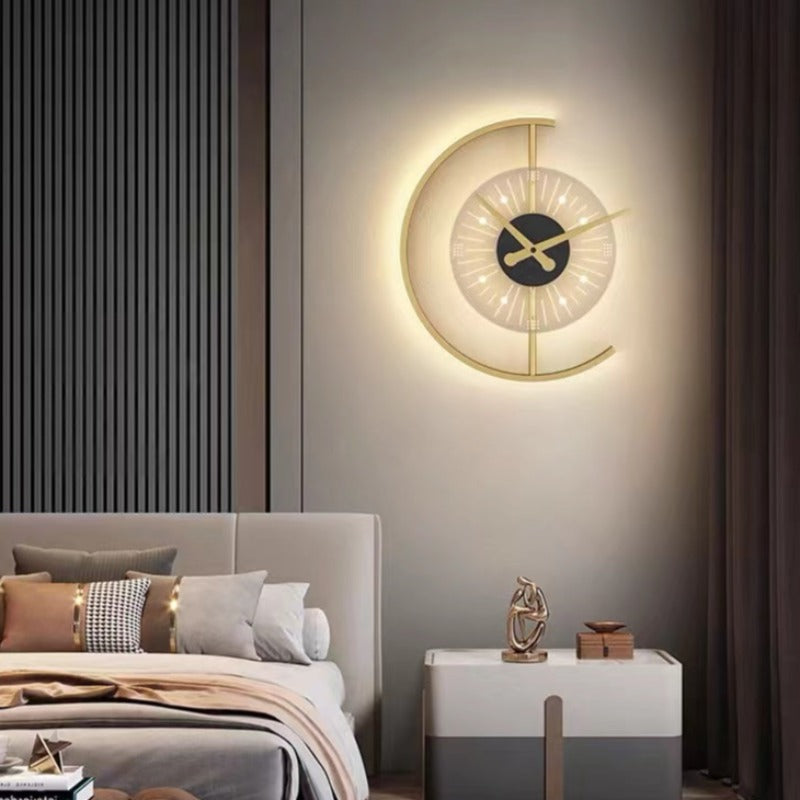 Premium Wall Clock And LED Lamp In Black Gold Metal