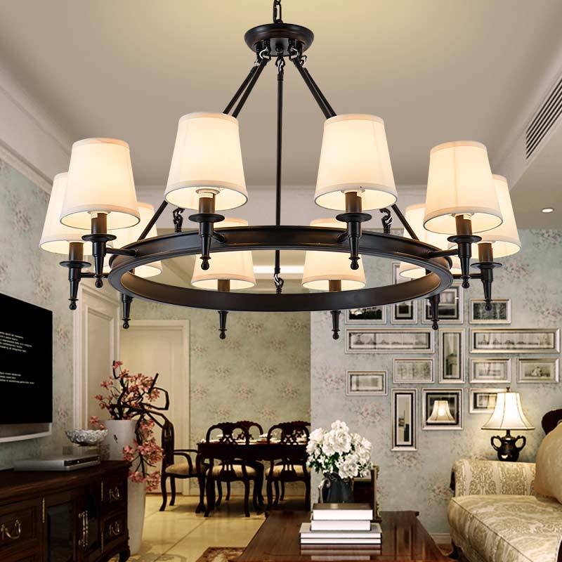 Vintage Ring Chandelier With Fabric Shade In Black Or Copper Finish