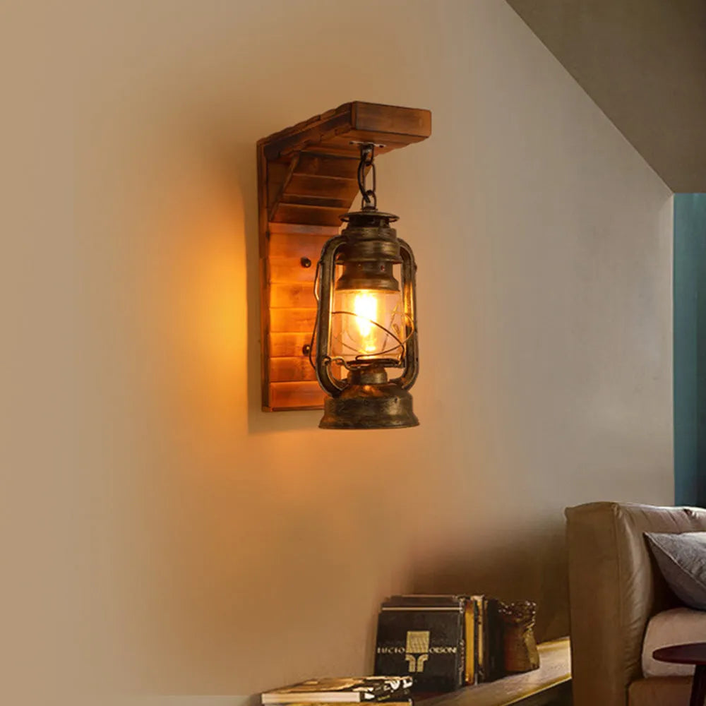 Wooden Lantern Wall Lamp Rustic Vintage Style Indoor Light