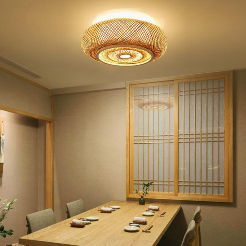 Handcrafted Rattan Weave LED Flush Mount Ceiling Light Rustic