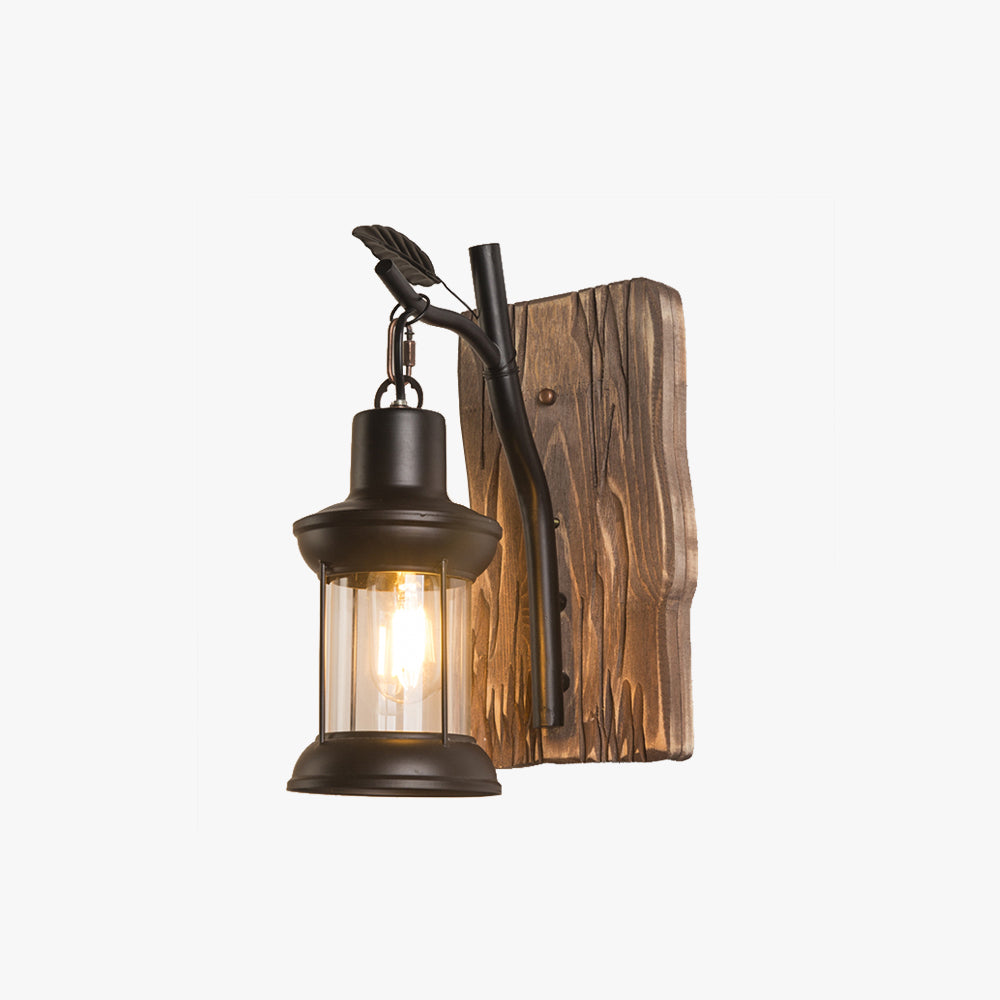Vintage Branch Lantern Wall Light In Black Metal And Wood