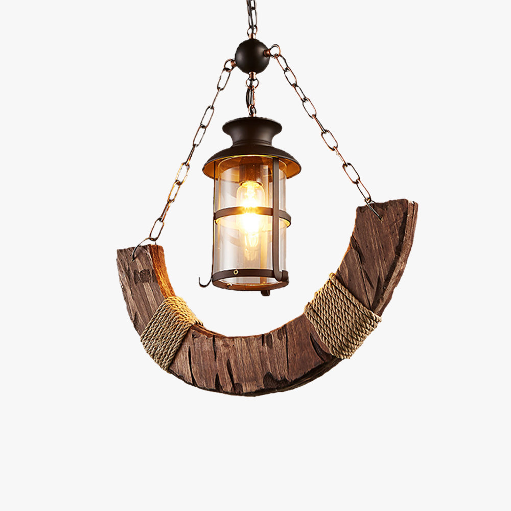 Rustic Arc Pendant Light With Wood And Glass